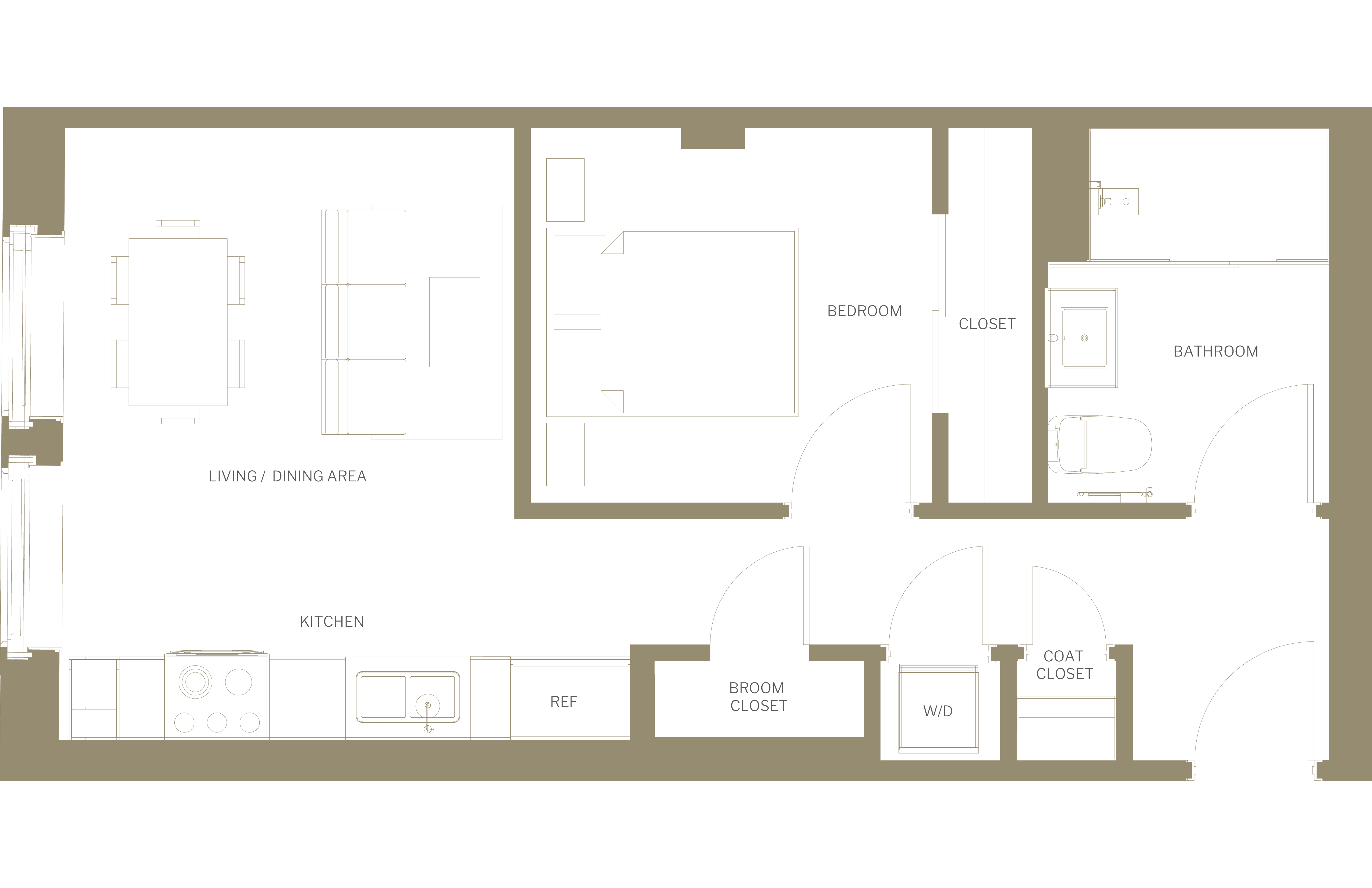 Floor plan for 1 bed, 1 bath, 645 sqft
